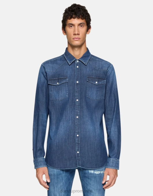 bărbați cămașă slim-fit din denim în stil occidental V84D853 îmbrăcăminte albastru DONDUP