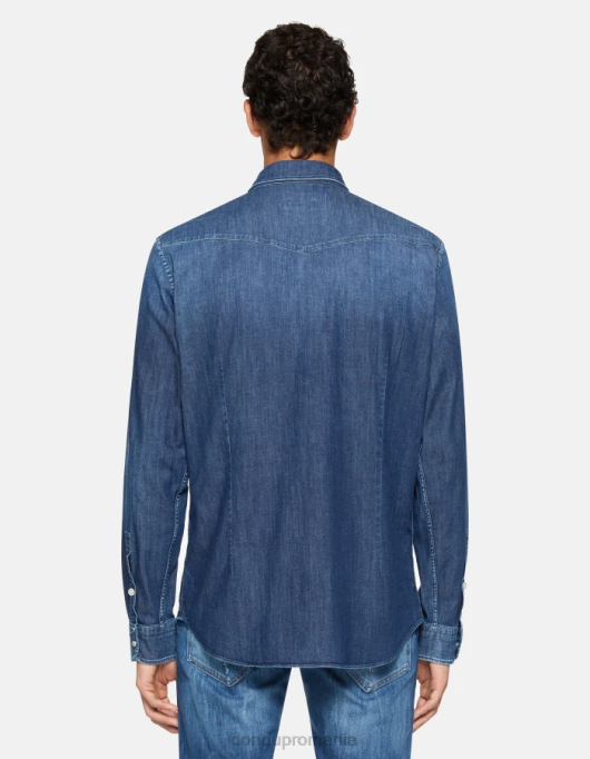 bărbați cămașă slim-fit din denim în stil occidental V84D853 îmbrăcăminte albastru DONDUP
