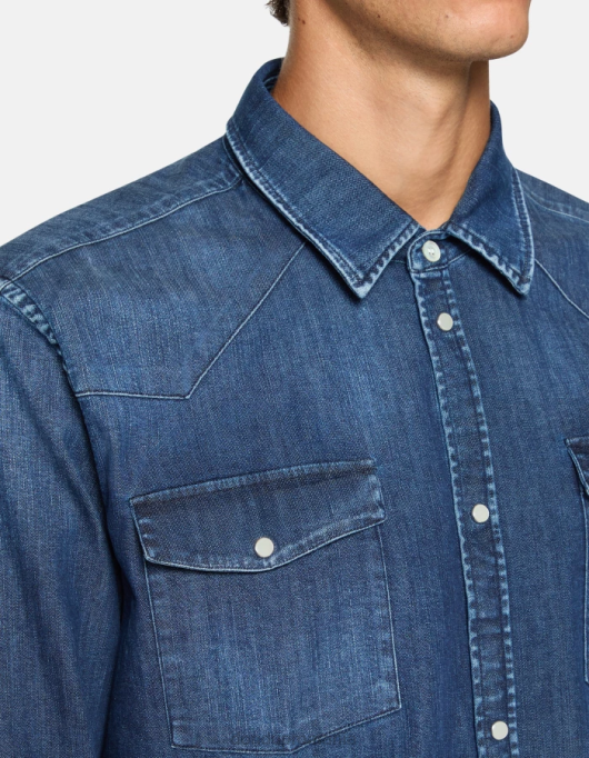 bărbați cămașă slim-fit din denim în stil occidental V84D853 îmbrăcăminte albastru DONDUP