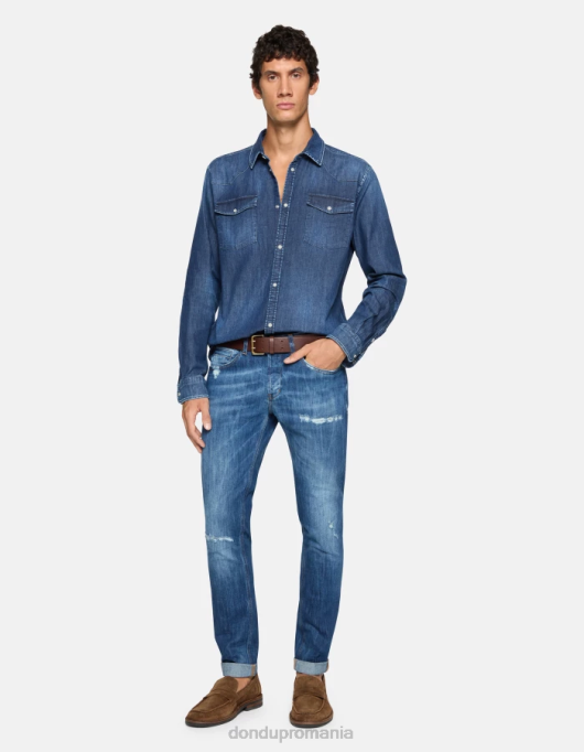 bărbați cămașă slim-fit din denim în stil occidental V84D853 îmbrăcăminte albastru DONDUP