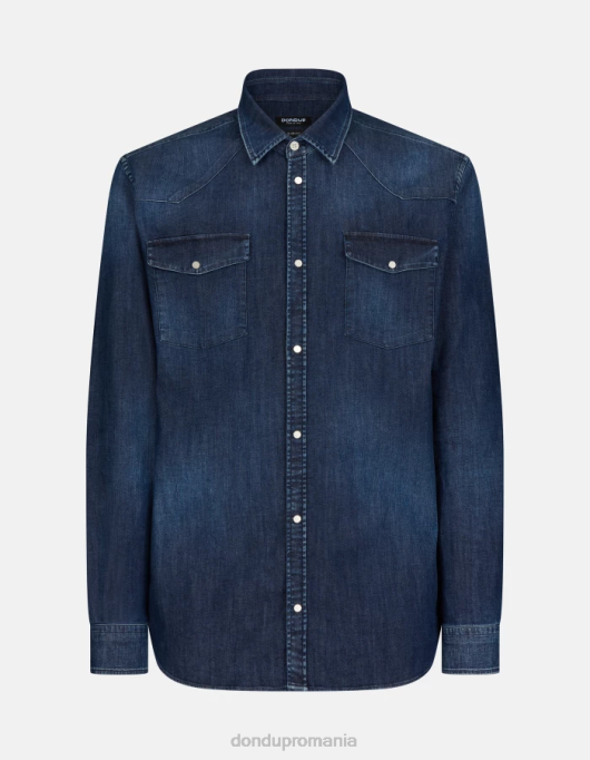 bărbați cămașă slim-fit din denim în stil occidental V84D853 îmbrăcăminte albastru DONDUP