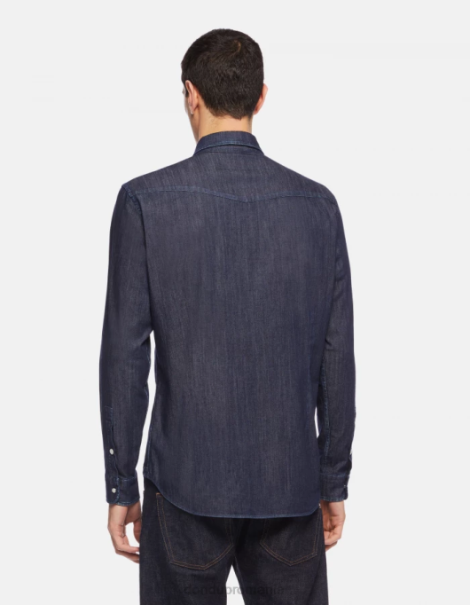 bărbați cămașă slim-fit din denim în stil occidental V84D858 îmbrăcăminte albastru DONDUP