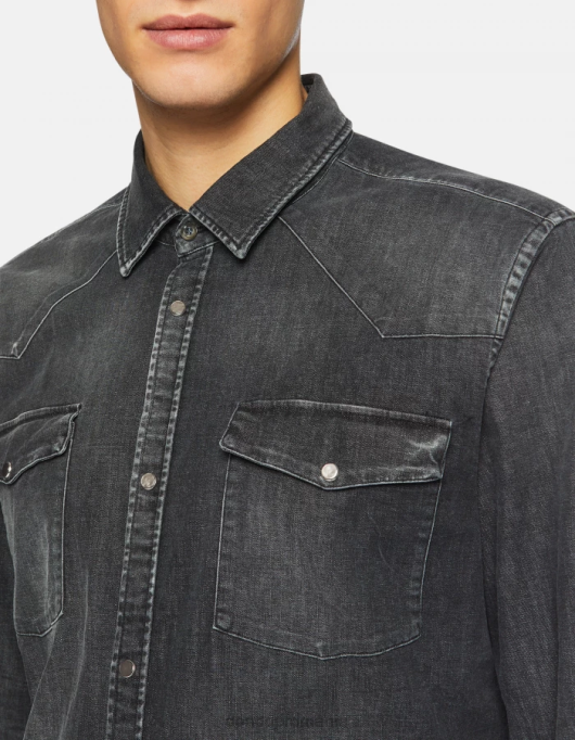 bărbați cămașă slim-fit din denim în stil occidental V84D859 îmbrăcăminte negru DONDUP