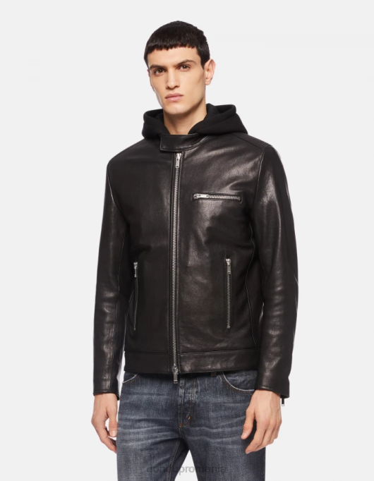 bărbați geacă motociclist slim-fit din piele nappa V84D915 îmbrăcăminte negru DONDUP