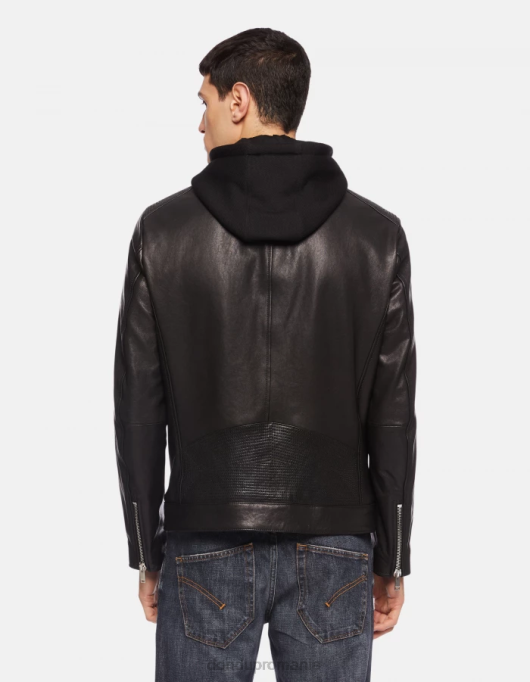 bărbați geacă motociclist slim-fit din piele nappa V84D915 îmbrăcăminte negru DONDUP