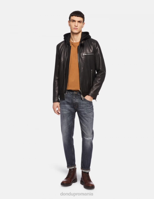 bărbați geacă motociclist slim-fit din piele nappa V84D915 îmbrăcăminte negru DONDUP