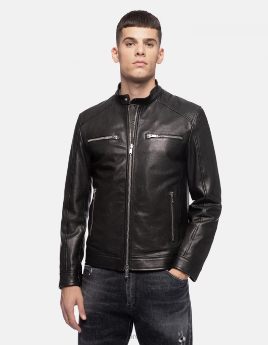 bărbați geacă motociclist slim-fit din piele nappa V84D916 îmbrăcăminte negru DONDUP