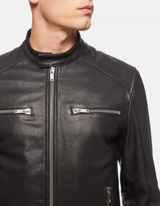 bărbați geacă motociclist slim-fit din piele nappa V84D916 îmbrăcăminte negru DONDUP