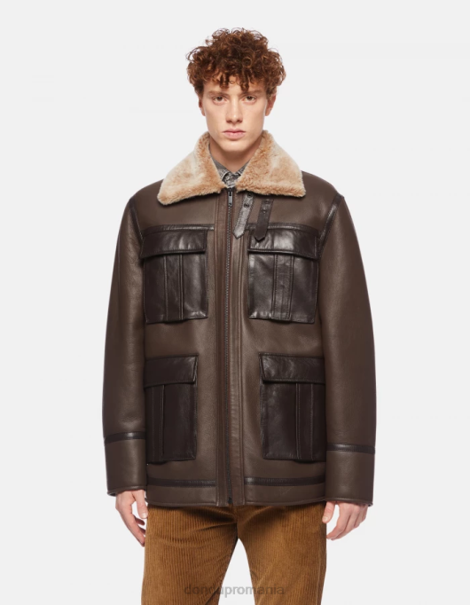 bărbați palton din shearling nappa cu ajustări regulate V84D914 îmbrăcăminte cioccolato DONDUP