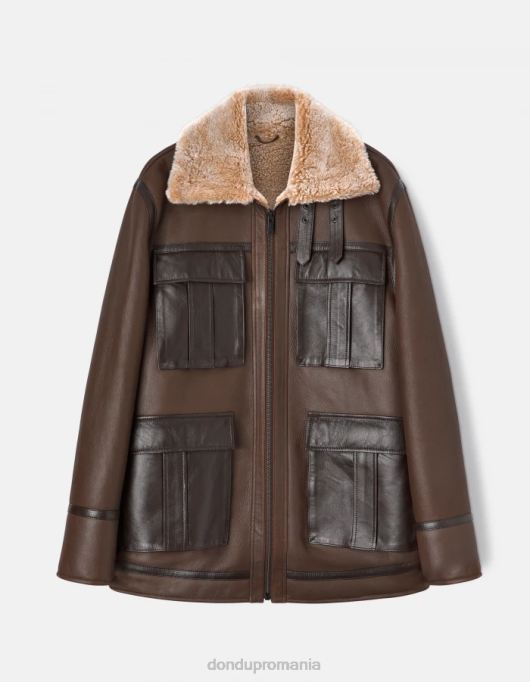 bărbați palton din shearling nappa cu ajustări regulate V84D914 îmbrăcăminte cioccolato DONDUP