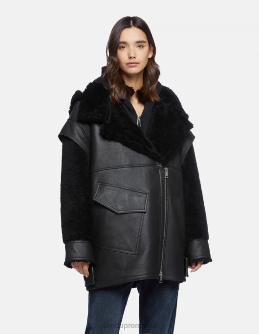femei palton supradimensionat din shearling V84D363 îmbrăcăminte negru DONDUP