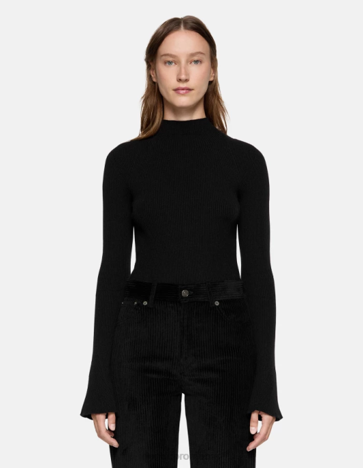 femei pulover slim din viscoză cu gât polo V84D305 îmbrăcăminte negru DONDUP