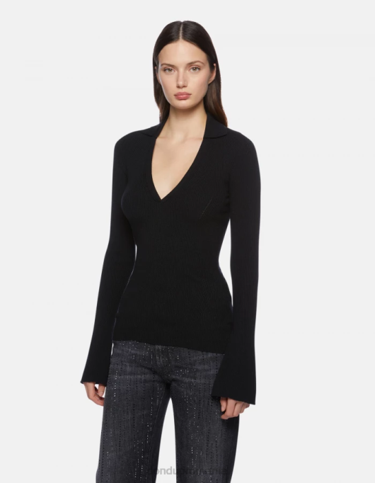 femei tricou polo slim-fit din vascoza V84D317 îmbrăcăminte negru DONDUP