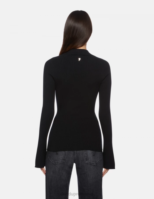 femei tricou polo slim-fit din vascoza V84D317 îmbrăcăminte negru DONDUP