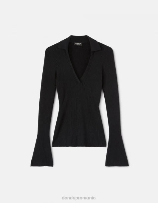 femei tricou polo slim-fit din vascoza V84D317 îmbrăcăminte negru DONDUP