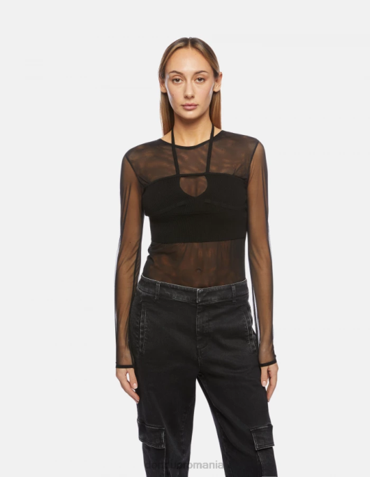 femei Body slim-fit din tul și viscoză V84D444 îmbrăcăminte negru DONDUP