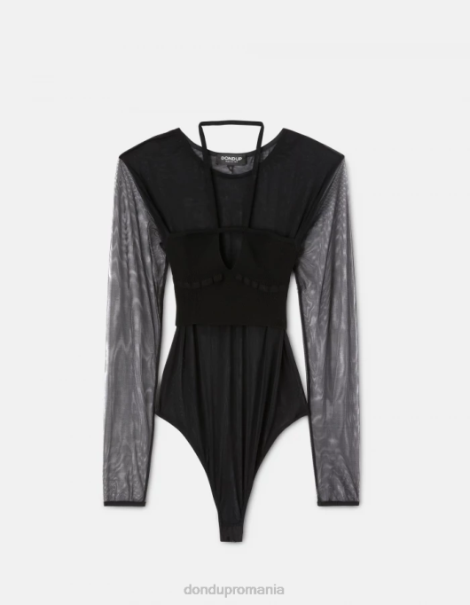 femei Body slim-fit din tul și viscoză V84D444 îmbrăcăminte negru DONDUP