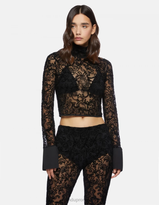 femei pulover slim-fit din dantelă cu gât polo V84D450 îmbrăcăminte negru DONDUP