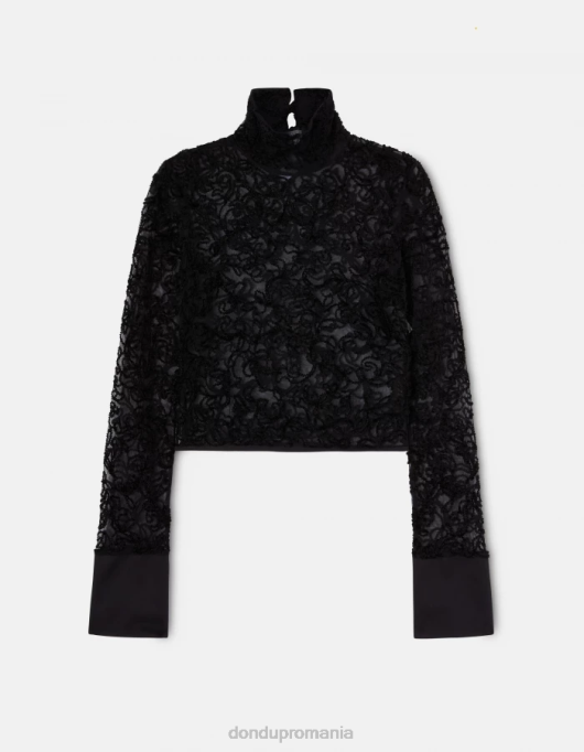 femei pulover slim-fit din dantelă cu gât polo V84D450 îmbrăcăminte negru DONDUP