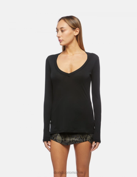 femei tricou interlock slim-fit V84D415 îmbrăcăminte negru DONDUP