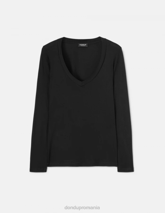 femei tricou interlock slim-fit V84D415 îmbrăcăminte negru DONDUP
